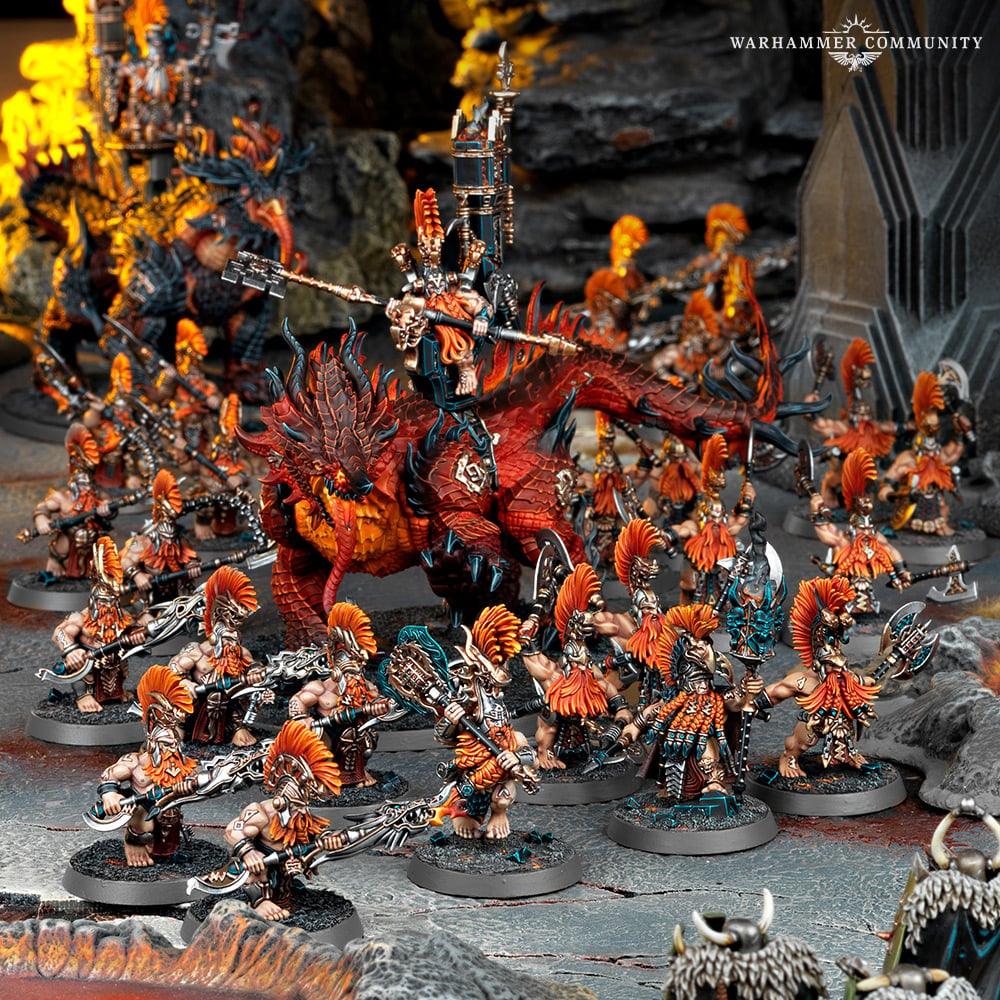 A Fyreslayers lodge marching through the Blighted Wilds
