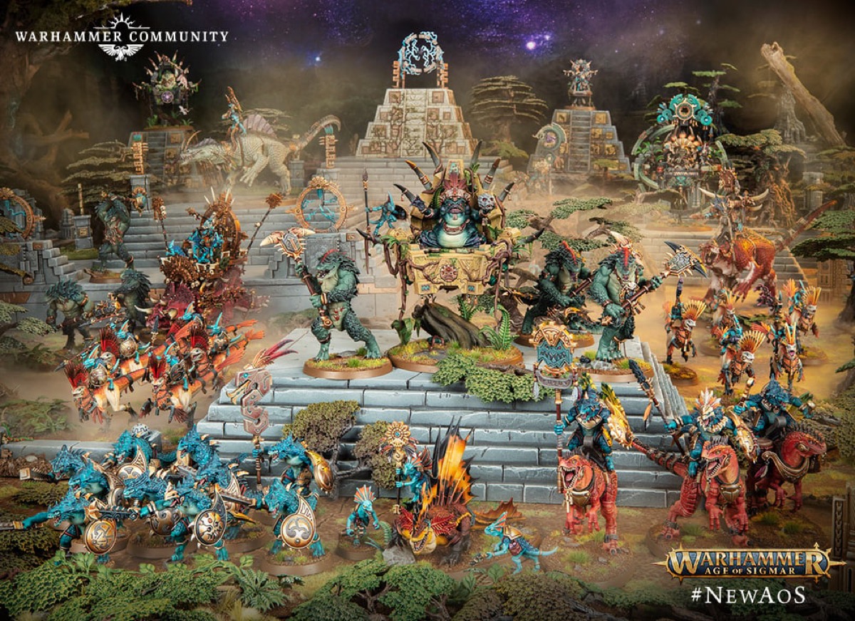 A Seraphon temple-host arrayed before jungle ziggurats