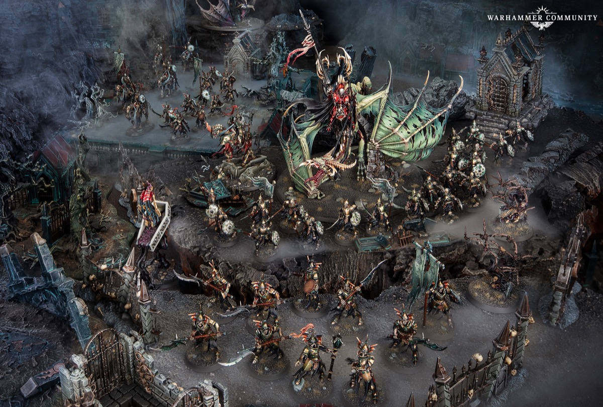 A Soulblight Gravelords host mustered in a misted graveyard