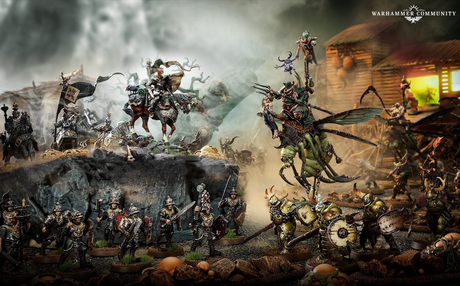 Freeguild and Maggotkin locked in battle among the blighted wilds of Ghyran