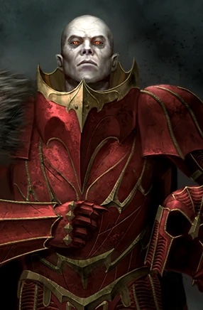 Captain Salazar Velázquez de Silva in crimson plate, helm in hand, red-eyed and pale