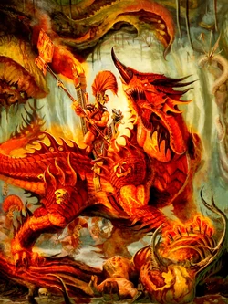 An Auric Runefather astride a Magmadroth
