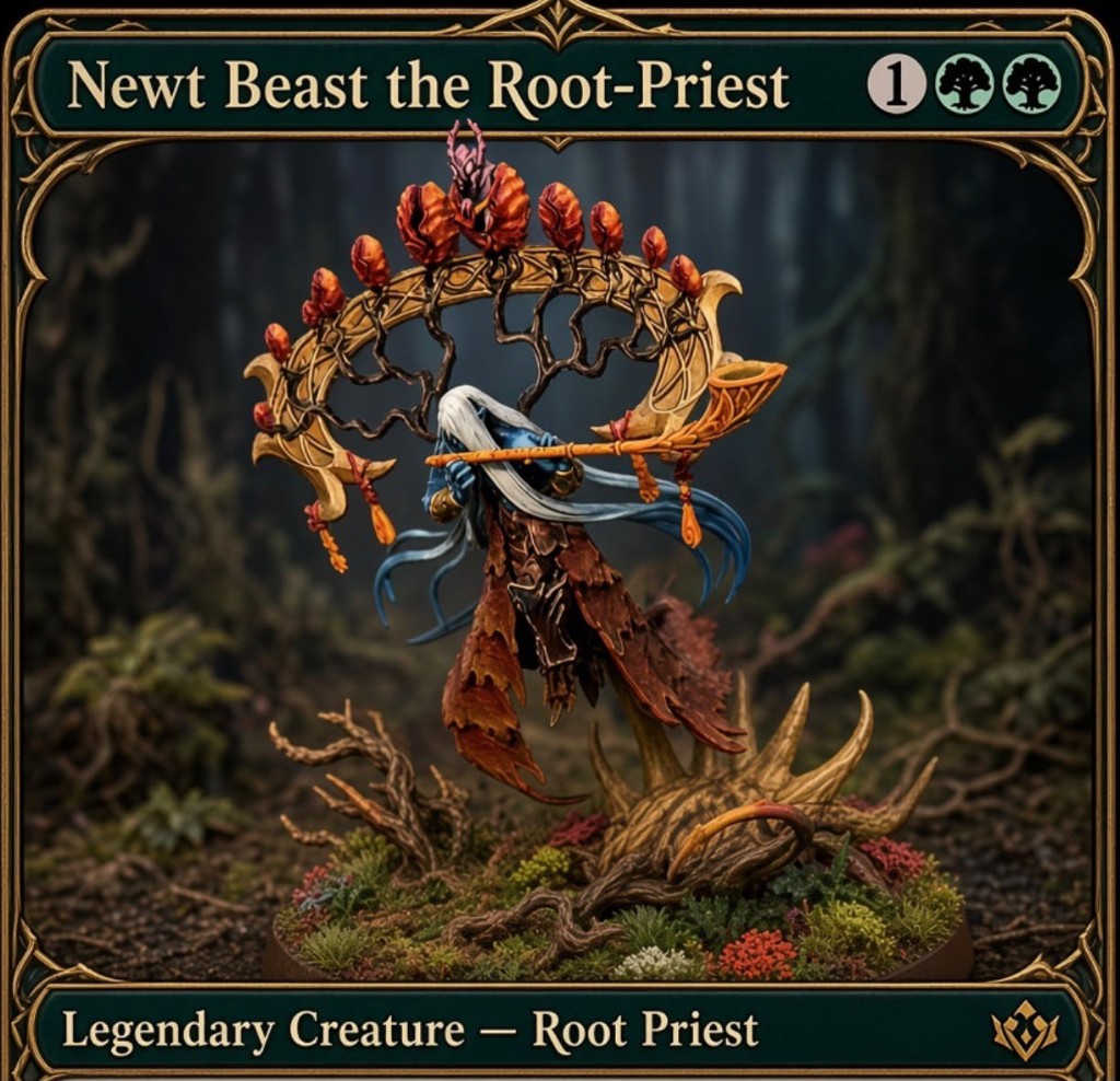 Painted miniature card of Newt Beast the Root-Priest, a blue-skinned sylvan figure with white hair, a leaf cloak, and a crescent staff beneath a ring of autumn leaves
