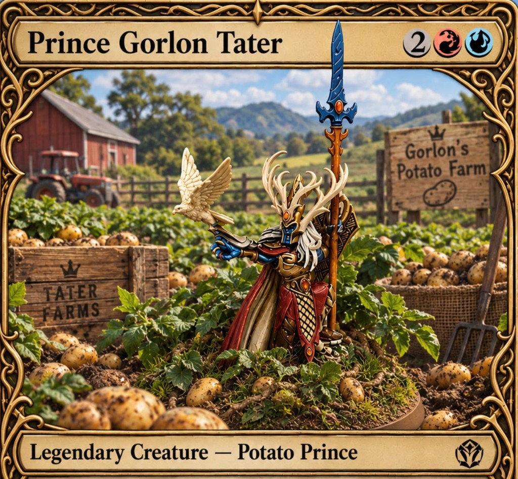 Painted miniature card of Prince Gorlon Tater, antlered and white-haired, holding a white bird beside a blue spear in a potato field