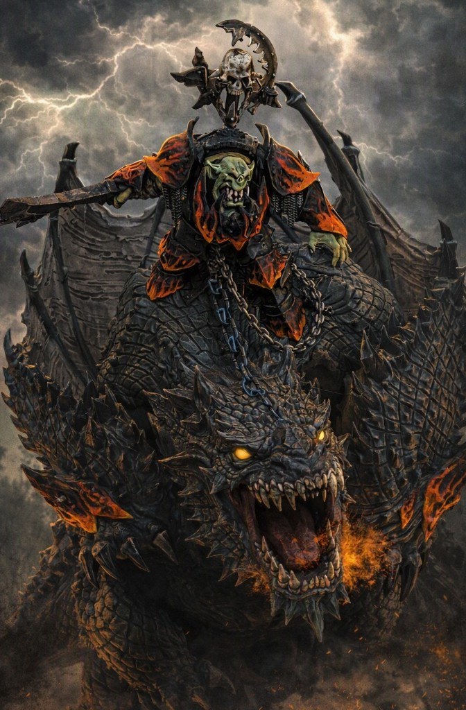Grimgut Da Sky‑Tearer astride Da Drop‑Beast beneath storm-lit skies, blade raised and magma glowing on the armour